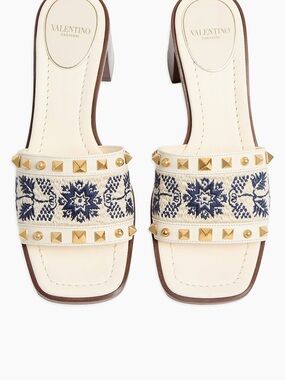 Valentino Cream Slide Sandals with Navy Embroidered Band and Gold Studs